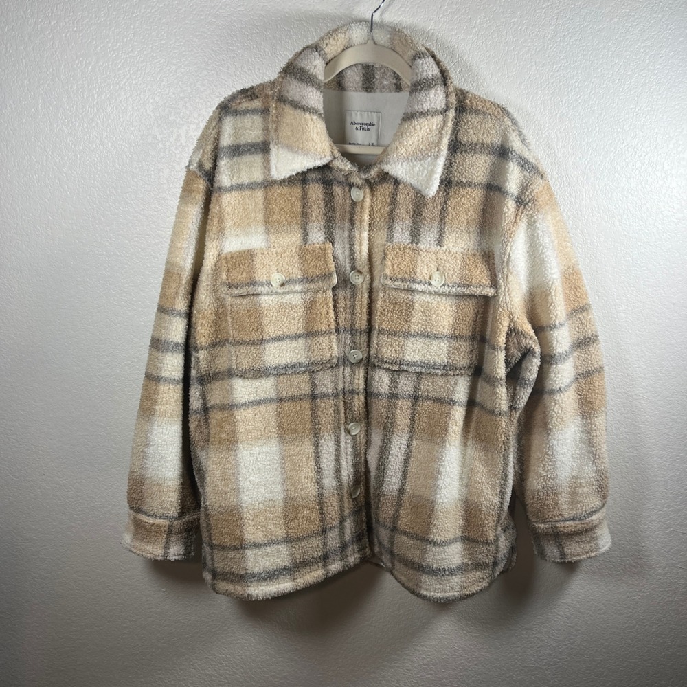 Abercrombie & Fitch Casual Tan Plaid Sherpa Shirt Jacket Shacket XL Oversized